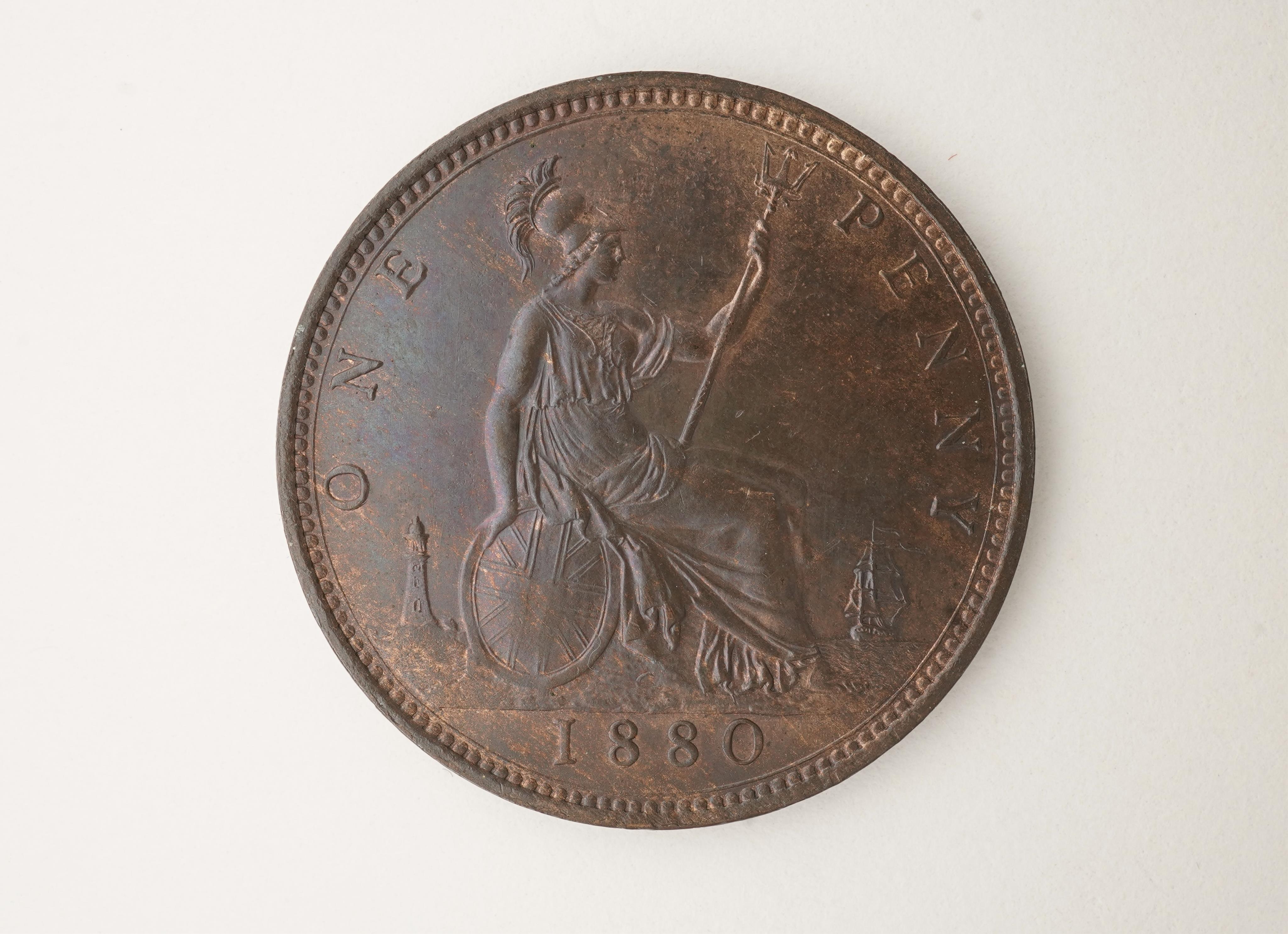 British coins, Victoria, three bronze pennies;, 1879, large date, Fr. 97, Gouby dies M/k, about UNC, lustre, 1880, Fr. 99, Gouby dies M/k, crisply struck, about UNC, obv. lustre, rev. dark toned, 1881, H below date, Heat